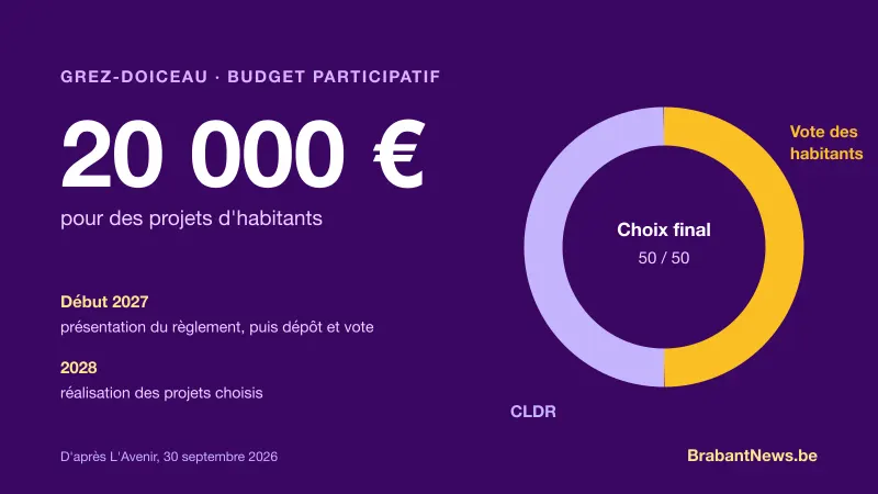 Visuel d'illustration : 20 000 euros pour le budget participatif 2027 de Grez-Doiceau, choix final pour moitié par le vote des habitants et pour moitié par la CLDR, réalisation en 2028