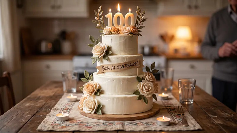 Gâteau d'anniversaire à étages décoré de roses et surmonté de bougies formant le nombre 100