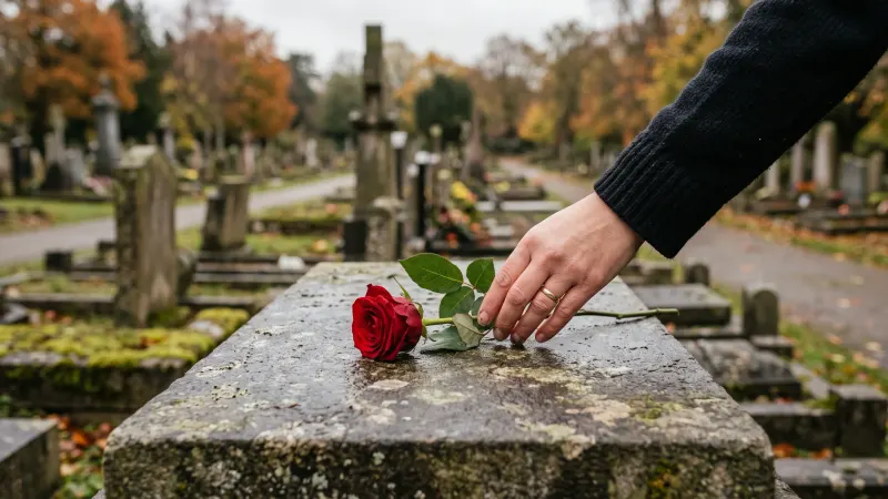 Une main dépose une rose rouge sur une pierre tombale, dans un cimetière aux arbres d'automne