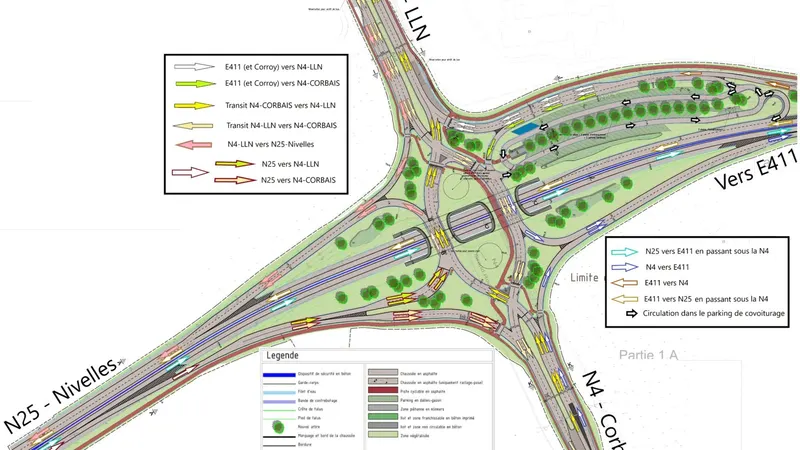 Plan de l'échangeur en diamant de Mont-Saint-Guibert : la N4 vers Louvain-la-Neuve et Corbais, la N25 vers Nivelles, la double trémie sous la N4 et la liaison vers l'E411