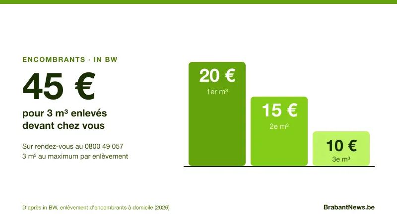 Tarif de l'enlèvement d'encombrants à domicile par in BW : 20 euros le premier mètre cube, 15 euros le deuxième, 10 euros le troisième, soit 45 euros pour 3 mètres cubes au maximum