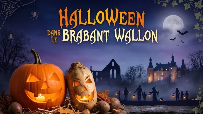 Illustration : une citrouille et une betterave creusées et éclairées sur une table, devant un château, des ruines d'abbaye et un cortège d'enfants avec des lanternes, sous la lune ; titre « Halloween dans le Brabant wallon »
