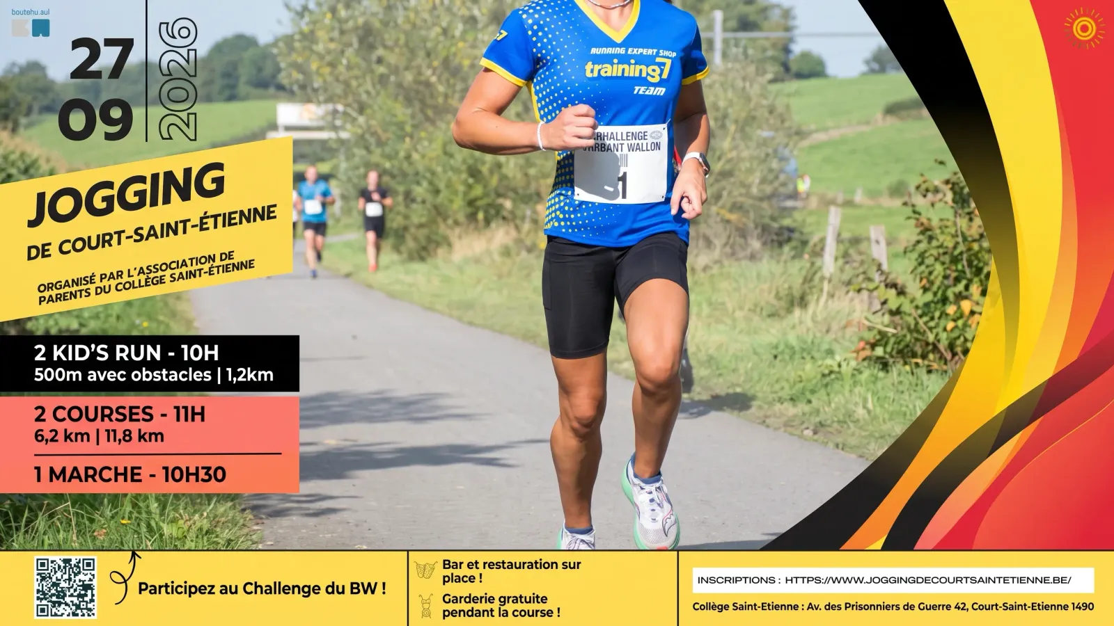 Affiche du Jogging de Court-Saint-Étienne du 27 septembre 2026, avec une coureuse sur un chemin de campagne
