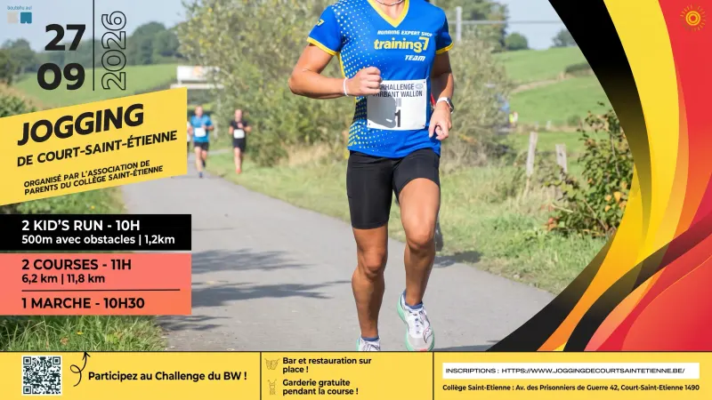 Affiche du Jogging de Court-Saint-Étienne du 27 septembre 2026, avec une coureuse sur un chemin de campagne