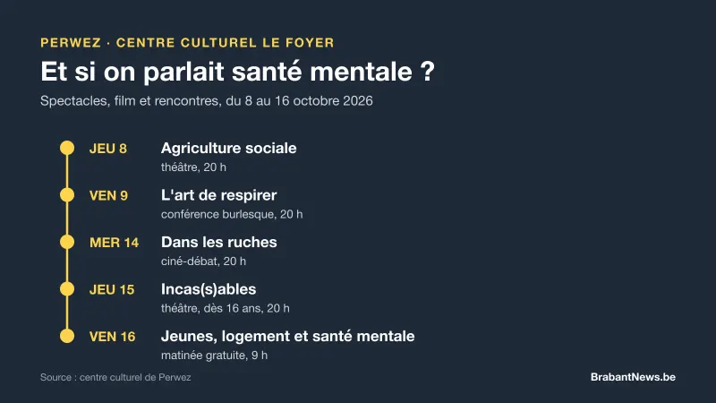 Frise des rendez-vous santé mentale du Foyer de Perwez, du jeudi 8 au vendredi 16 octobre 2026, avec les titres et les horaires