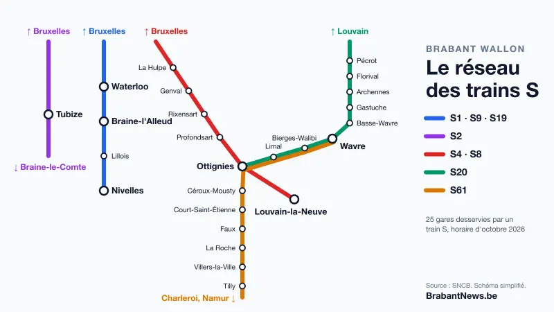 Schéma des lignes de trains S en Brabant wallon : S2 par Tubize, S1, S9 et S19 par Waterloo, Braine-l'Alleud, Lillois et Nivelles, S4 et S8 par La Hulpe, Genval, Rixensart et Ottignies jusqu'à Louvain-la-Neuve, S20 de Ottignies à Louvain par Wavre et Grez-Doiceau, S61 de Wavre à Charleroi par Court-Saint-Étienne et Villers-la-Ville