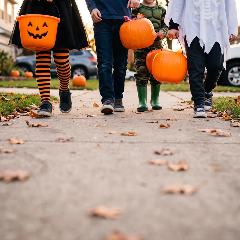 Illustration : des enfants déguisés marchent sur un trottoir couvert de feuilles mortes avec des seaux en forme de citrouille, visages hors du cadre
