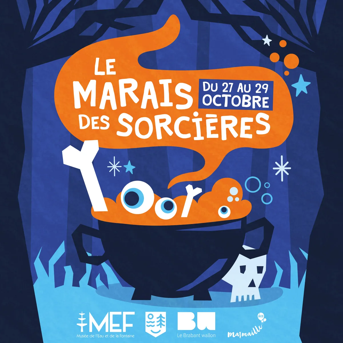 Affiche du « Marais des sorcières » au Musée de l'Eau et de la Fontaine : un chaudron fumant dans une forêt bleue, du 27 au 29 octobre
