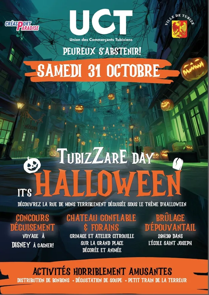Affiche du Tubizzare Day à Tubize le samedi 31 octobre : rue décorée de citrouilles, concours de déguisements, château gonflable et brûlage d'épouvantail à 20 h 30