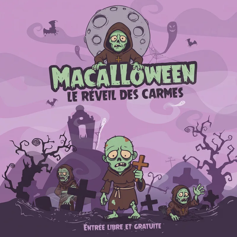 Affiche de Macalloween, le Réveil des Carmes, à Wavre : moines zombies dessinés dans un cimetière sous la lune, entrée libre et gratuite