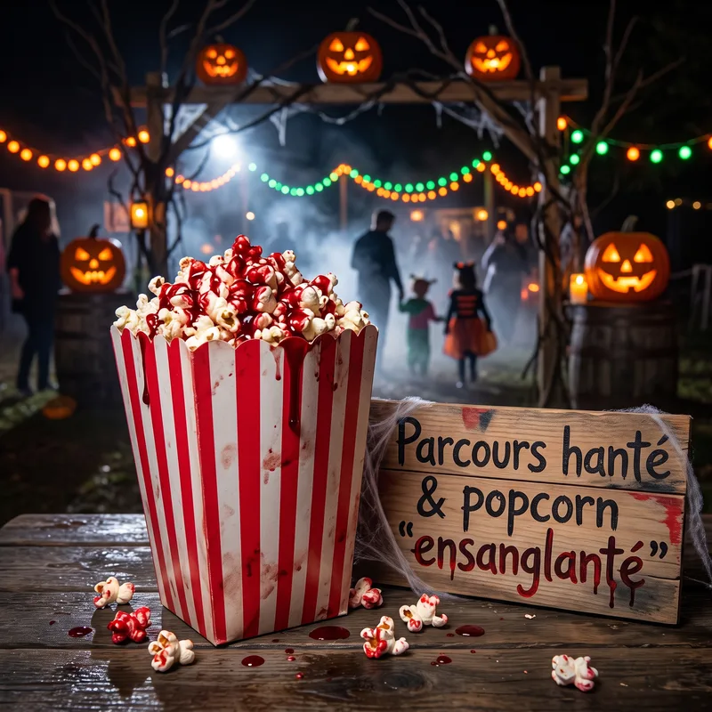 Illustration : un cornet de popcorn rouge et blanc nappé de faux sang devant un panneau « Parcours hanté & popcorn ensanglanté », dans une allée décorée de citrouilles