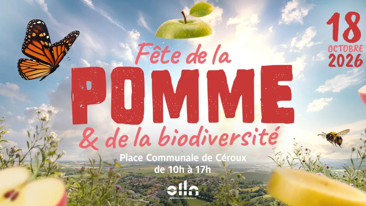 Affiche de la Fête de la Pomme et de la biodiversité, dimanche 18 octobre 2026 de 10 h à 17 h, place communale de Céroux-Mousty