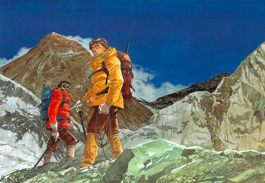 Planche en couleurs du Sommet des Dieux : deux alpinistes en combinaison, l'un rouge et l'autre jaune, au pied d'un sommet enneigé sous un ciel bleu