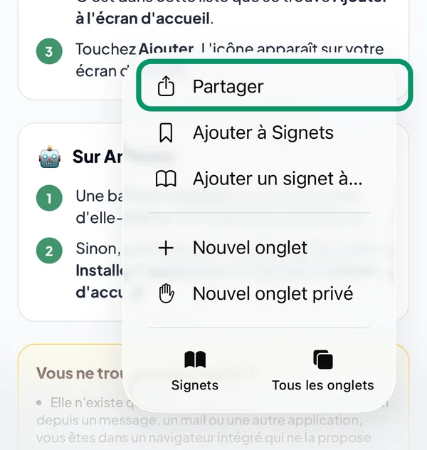 Menu de Safari ouvert, la ligne « Partager » entourée