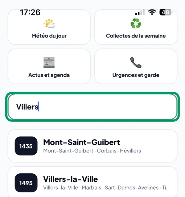 L'app BrabantNews ouverte, le champ de recherche de commune entouré